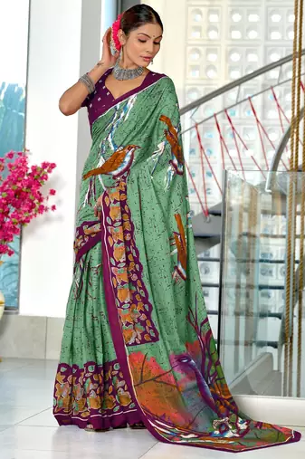 green mulmul cotton printed fancy saree with blouse