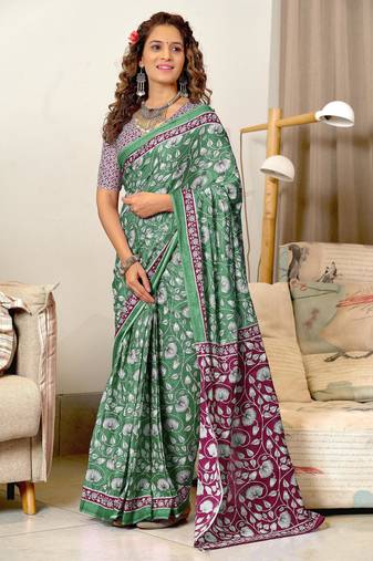 green mulmul cotton printed fancy saree with blouse