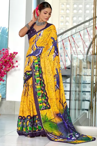 yellow mulmul cotton printed fancy saree with blouse