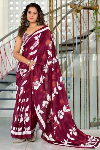 maroon mulmul cotton printed fancy saree with blouse