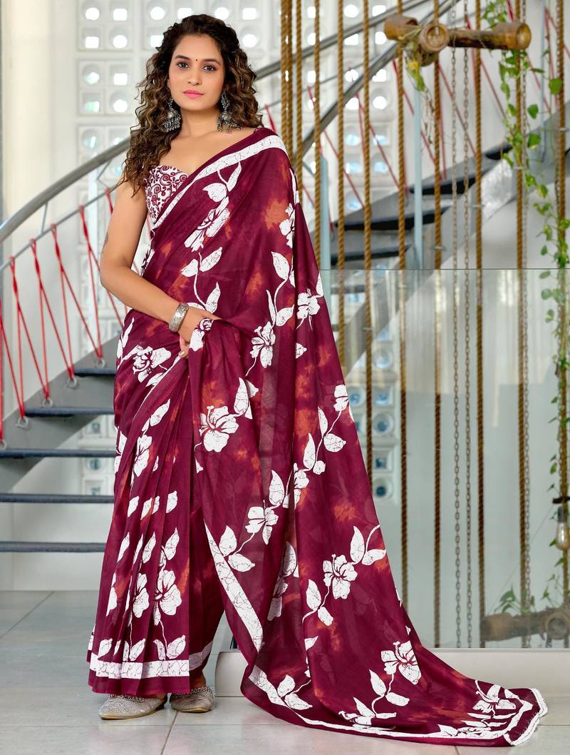 maroon mulmul cotton printed fancy saree with blouse
