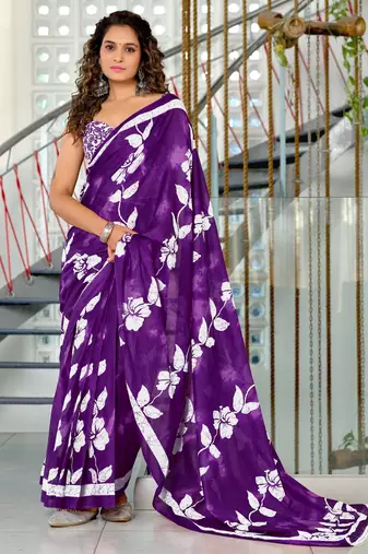 purple mulmul cotton printed fancy saree with blouse