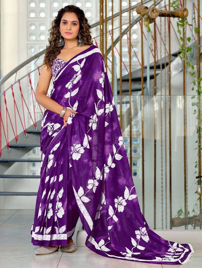 purple mulmul cotton printed fancy saree with blouse