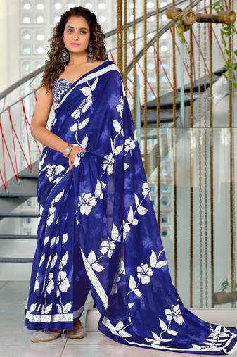blue mulmul cotton printed fancy saree with blouse