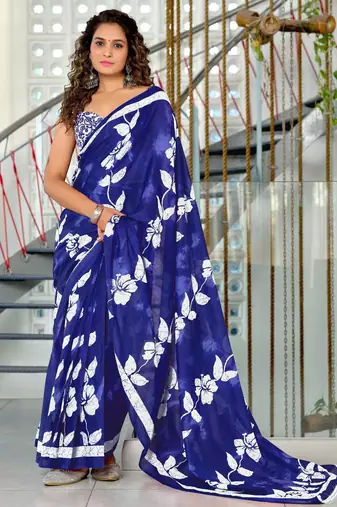 blue mulmul cotton printed fancy saree with blouse