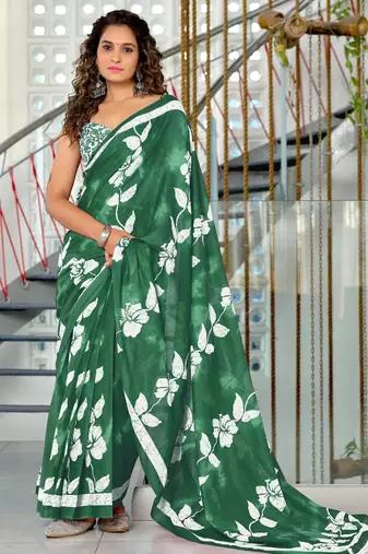 green mulmul cotton printed fancy saree with blouse