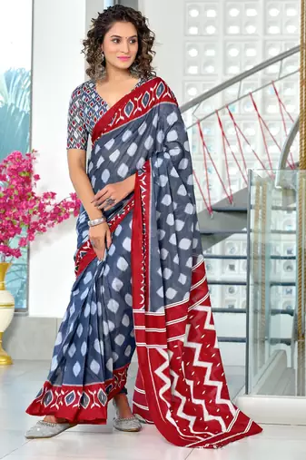 grey soft cotton printed fancy saree with blouse