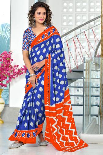 blue soft cotton printed fancy saree with blouse