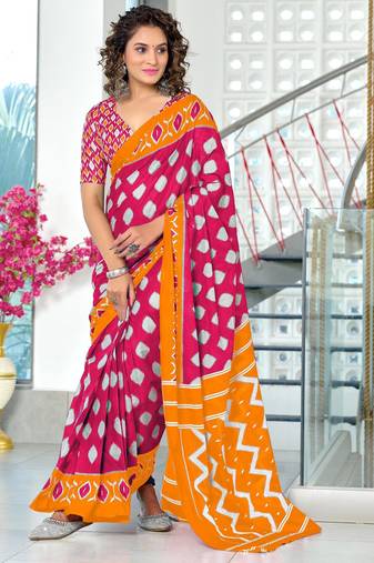 pink soft cotton printed fancy saree with blouse