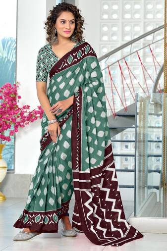 green cotton printed fancy saree with blouse