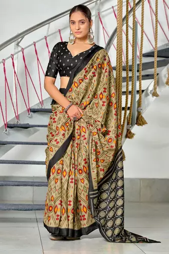 beige soft cotton printed fancy saree with blouse