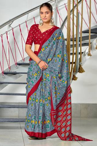 grey soft cotton printed fancy saree with blouse