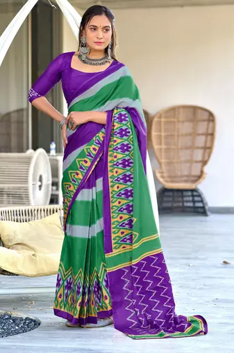 purple mulmul cotton printed fancy saree with blouse