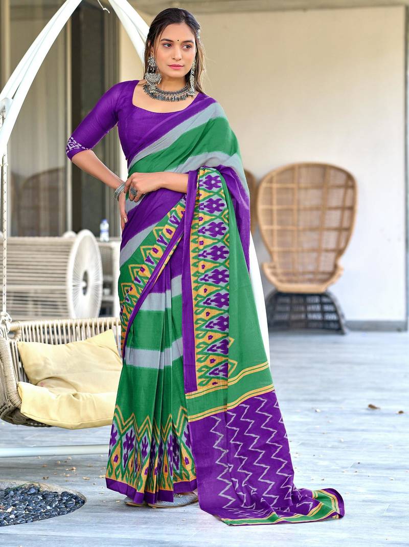 purple mulmul cotton printed fancy saree with blouse
