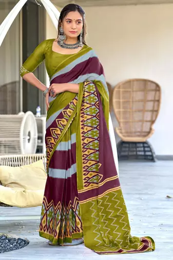mehendi mulmul cotton printed fancy saree with blouse