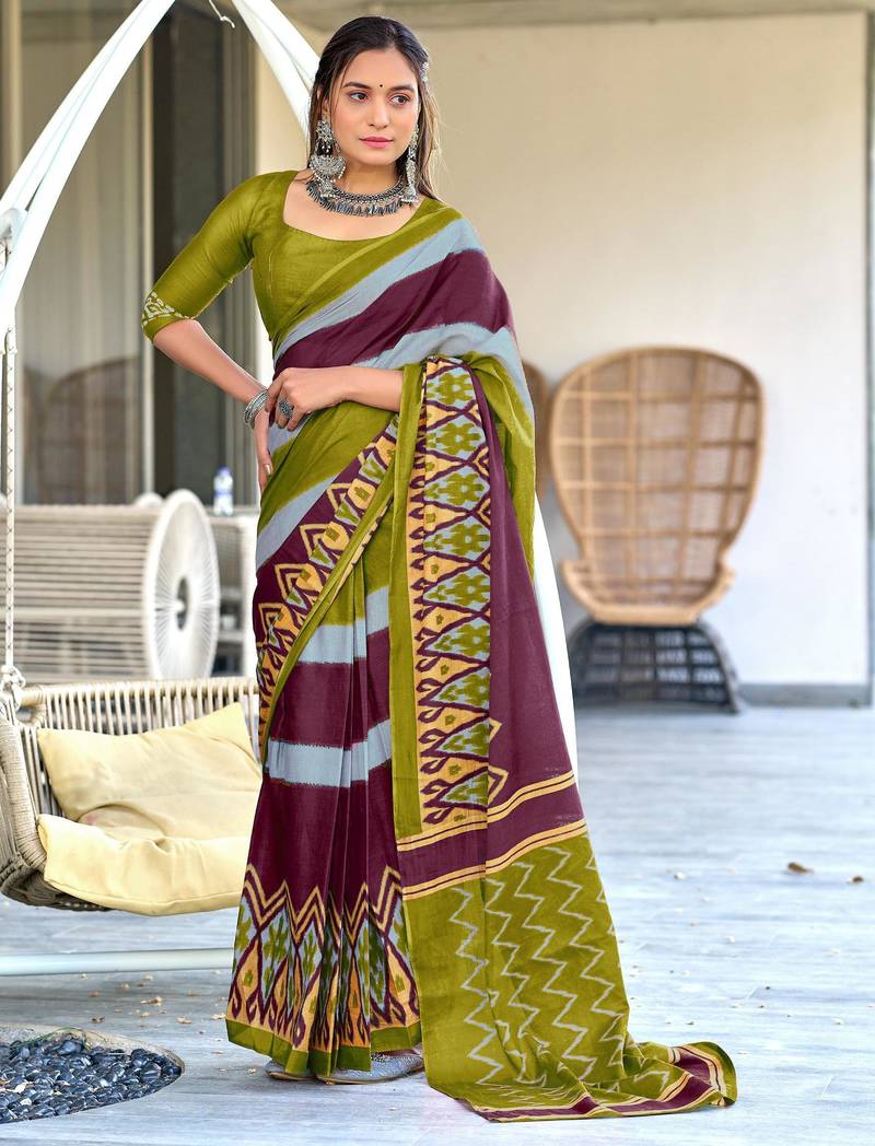 mehendi mulmul cotton printed fancy saree with blouse