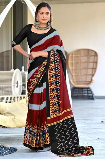 black mulmul cotton printed fancy saree with blouse