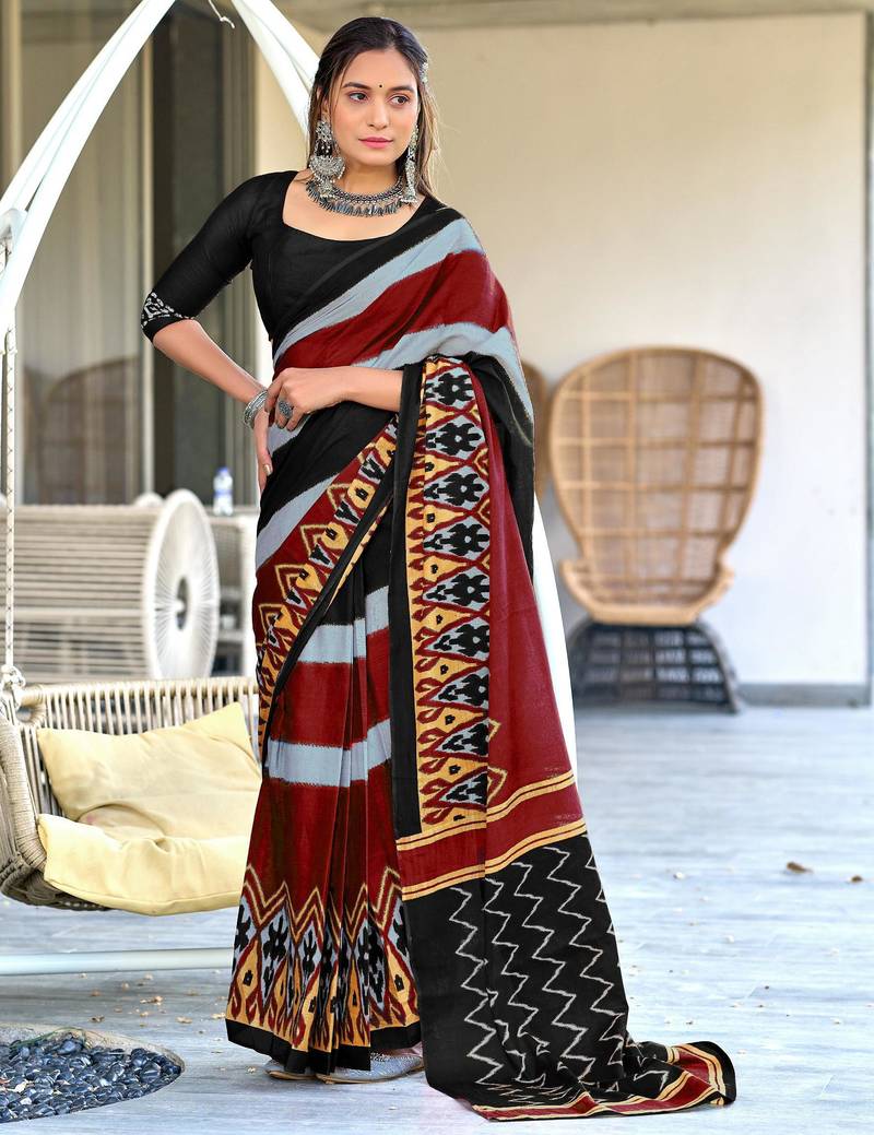 black mulmul cotton printed fancy saree with blouse