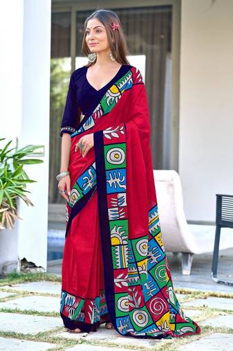 maroon soft cotton printed fancy saree with blouse