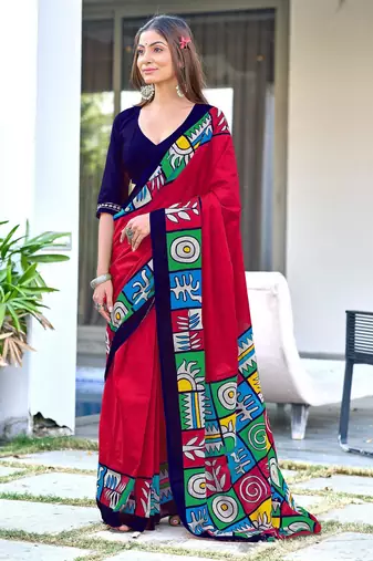 maroon soft cotton printed fancy saree with blouse