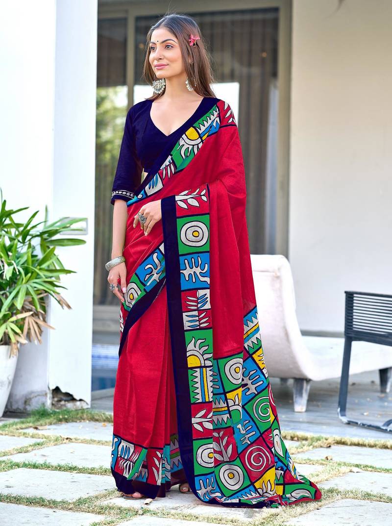 maroon soft cotton printed fancy saree with blouse