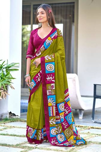 mehendi soft cotton printed fancy saree with blouse