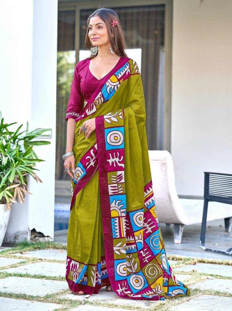 mehendi soft cotton printed fancy saree with blouse