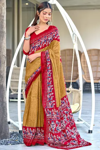 mustard soft cotton printed fancy saree with blouse