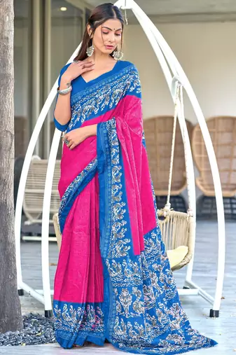 pink soft cotton printed fancy saree with blouse