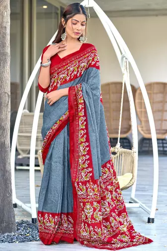 grey soft cotton printed fancy saree with blouse