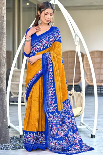 yellow soft cotton printed fancy saree with blouse