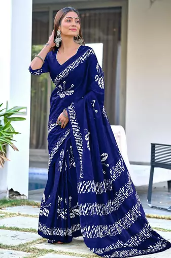 blue soft cotton printed fancy saree with blouse