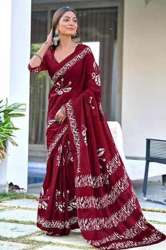 maroon soft cotton printed fancy saree with blouse