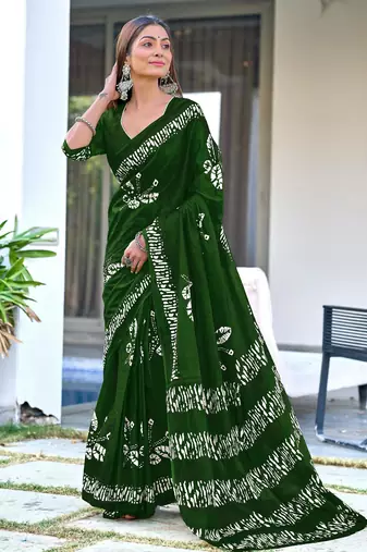 dark green soft cotton printed fancy saree with blouse