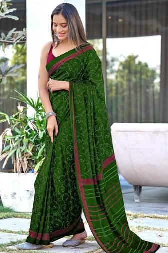 green soft cotton printed fancy saree with blouse