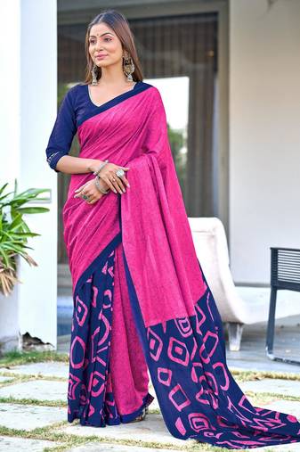 pink soft cotton printed fancy saree with blouse