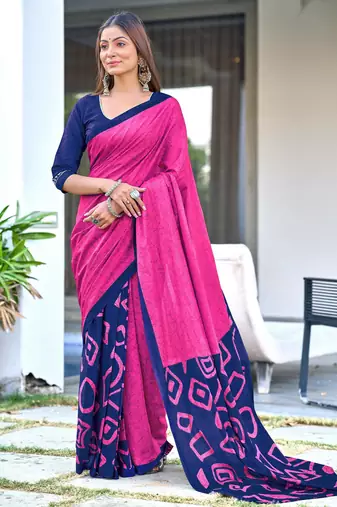 pink soft cotton printed fancy saree with blouse