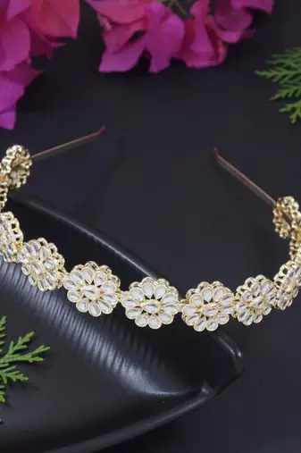 Rajasthani gold plated floral design kundan & pearl sheeshphool/mathapatti/hairband for women