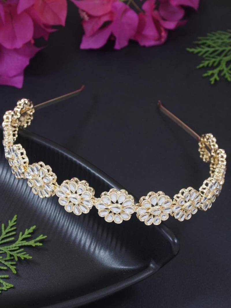 Rajasthani gold plated floral design kundan & pearl sheeshphool/mathapatti/hairband for women