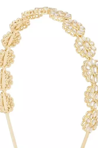 Rajasthani gold plated floral design kundan & pearl sheeshphool/mathapatti/hairband for women