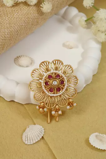 Gold plated traditional floral juda pin/hair brooch/jadai billa with stones and pearl