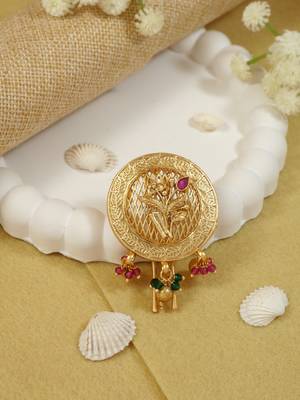 Round gold plated traditional juda pin/hair brooch/jadai billa with leaf pattern and beads 1