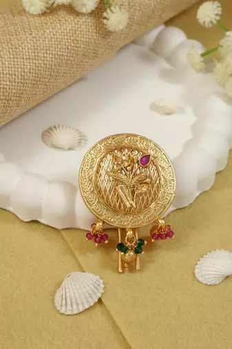 Round gold plated traditional juda pin/hair brooch/jadai billa with leaf pattern and beads