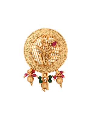 Round gold plated traditional juda pin/hair brooch/jadai billa with leaf pattern and beads 2