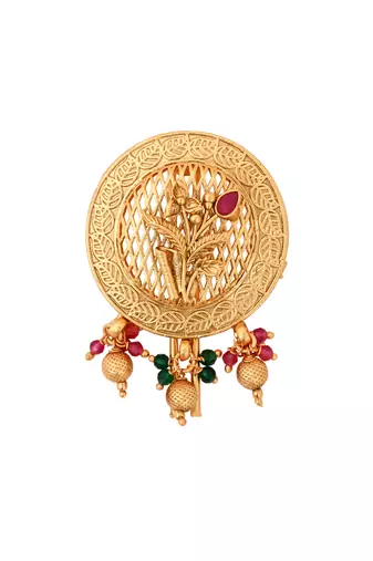 Round gold plated traditional juda pin/hair brooch/jadai billa with leaf pattern and beads