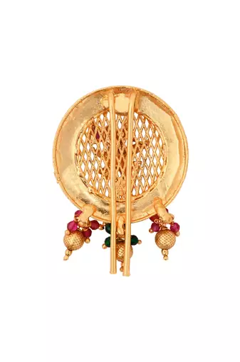 Round gold plated traditional juda pin/hair brooch/jadai billa with leaf pattern and beads