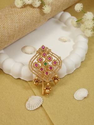 Antique gold plated traditional square juda pin/hair brooch/jadai billa with floral motif and stones for women  1