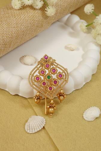 Antique gold plated traditional square juda pin/hair brooch/jadai billa with floral motif and stones for women 