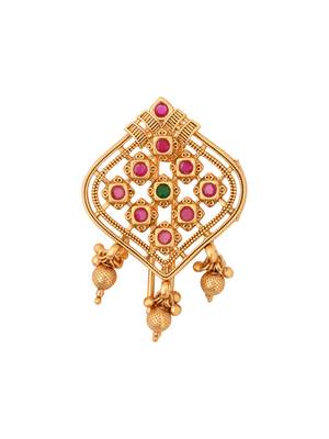 Antique gold plated traditional square juda pin/hair brooch/jadai billa with floral motif and stones for women  2