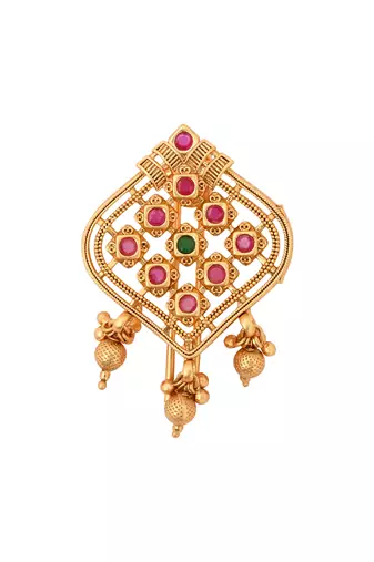 Antique gold plated traditional square juda pin/hair brooch/jadai billa with floral motif and stones for women 